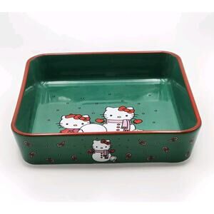 Sanrio Hello Kitty Christmas Snowman Square Baking Dish 9" Ceramic Green and Red